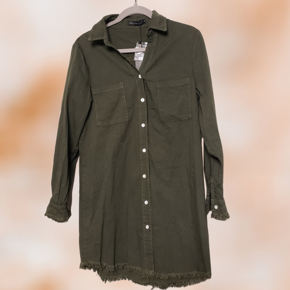 Shirt dress long sleeve size Med. Olive green raw edge